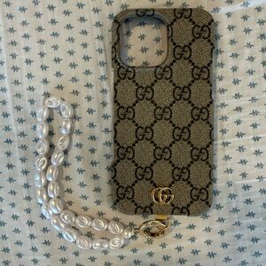 Gucci Beige & Black GG Monogram iPhone Case with Pearl Wristlet
